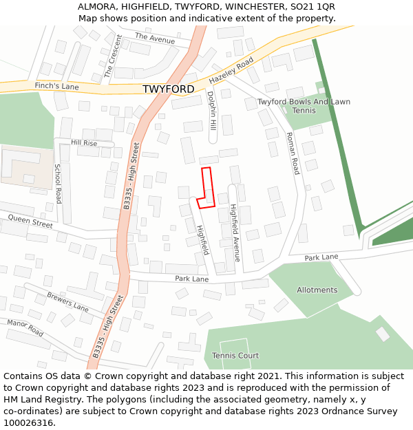 ALMORA, HIGHFIELD, TWYFORD, WINCHESTER, SO21 1QR: Location map and indicative extent of plot