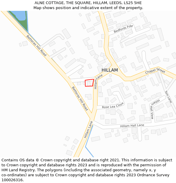 ALNE COTTAGE, THE SQUARE, HILLAM, LEEDS, LS25 5HE: Location map and indicative extent of plot