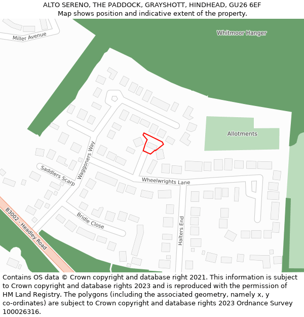 ALTO SERENO, THE PADDOCK, GRAYSHOTT, HINDHEAD, GU26 6EF: Location map and indicative extent of plot