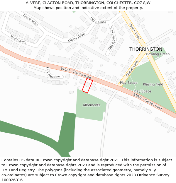 ALVERE, CLACTON ROAD, THORRINGTON, COLCHESTER, CO7 8JW: Location map and indicative extent of plot