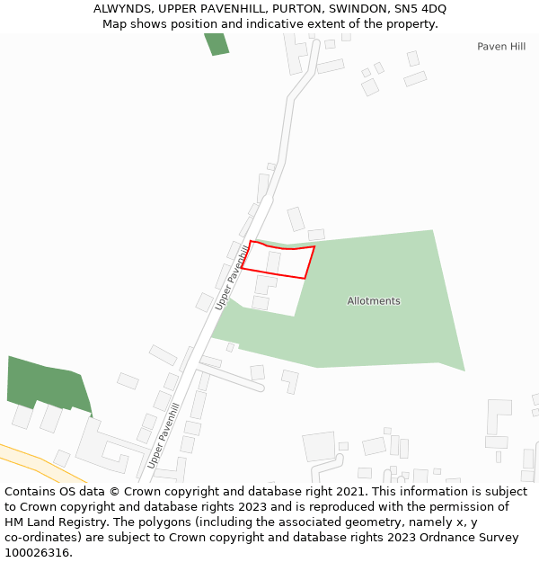 ALWYNDS, UPPER PAVENHILL, PURTON, SWINDON, SN5 4DQ: Location map and indicative extent of plot