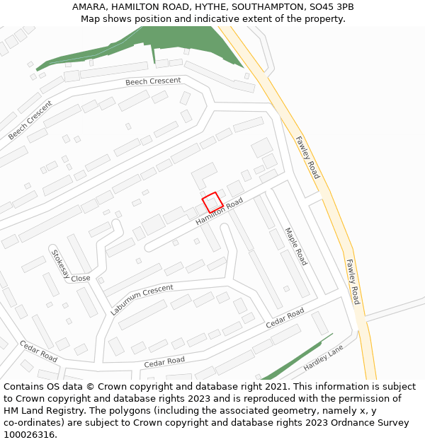 AMARA, HAMILTON ROAD, HYTHE, SOUTHAMPTON, SO45 3PB: Location map and indicative extent of plot