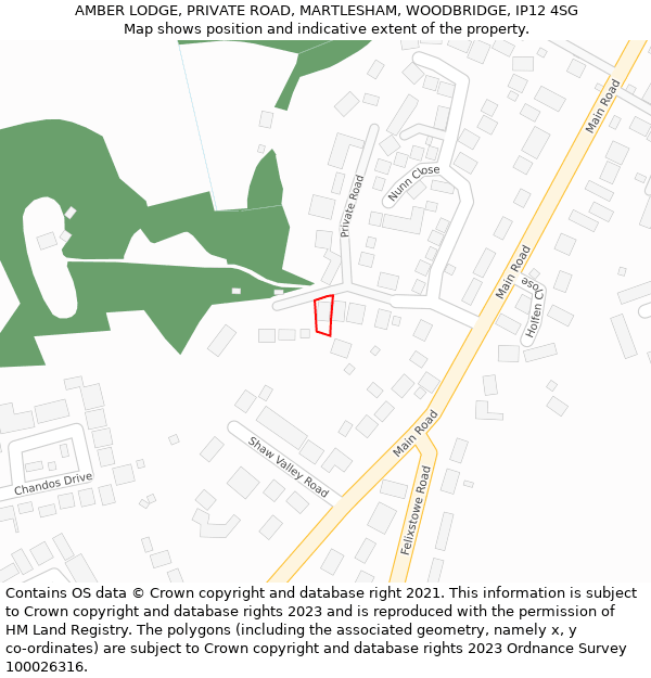 AMBER LODGE, PRIVATE ROAD, MARTLESHAM, WOODBRIDGE, IP12 4SG: Location map and indicative extent of plot