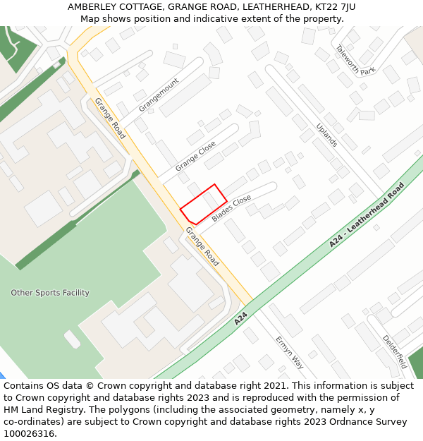 AMBERLEY COTTAGE, GRANGE ROAD, LEATHERHEAD, KT22 7JU: Location map and indicative extent of plot