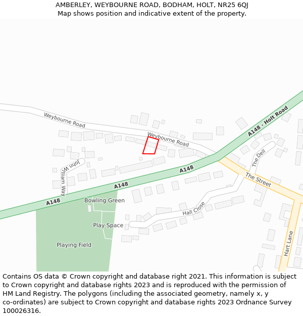 AMBERLEY, WEYBOURNE ROAD, BODHAM, HOLT, NR25 6QJ: Location map and indicative extent of plot