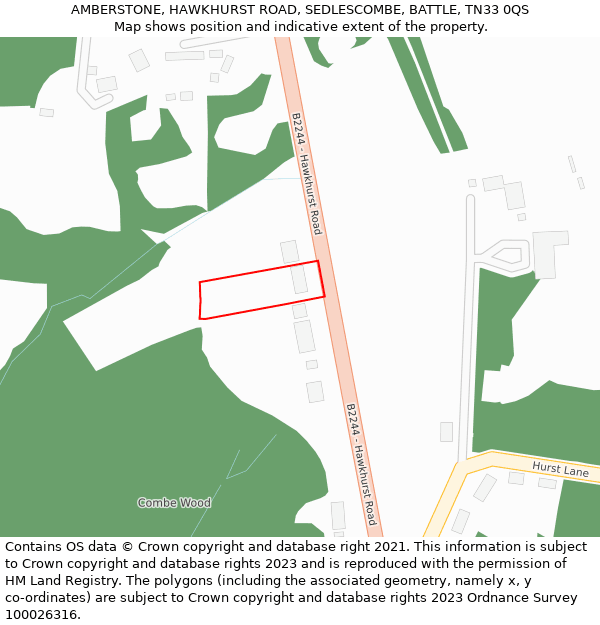 AMBERSTONE, HAWKHURST ROAD, SEDLESCOMBE, BATTLE, TN33 0QS: Location map and indicative extent of plot