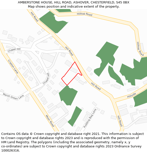 AMBERSTONE HOUSE, HILL ROAD, ASHOVER, CHESTERFIELD, S45 0BX: Location map and indicative extent of plot