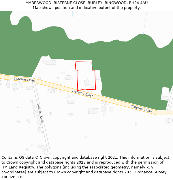 AMBERWOOD, BISTERNE CLOSE, BURLEY, RINGWOOD, BH24 4AU: Location map and indicative extent of plot
