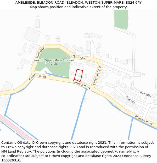 AMBLESIDE, BLEADON ROAD, BLEADON, WESTON-SUPER-MARE, BS24 0PY: Location map and indicative extent of plot