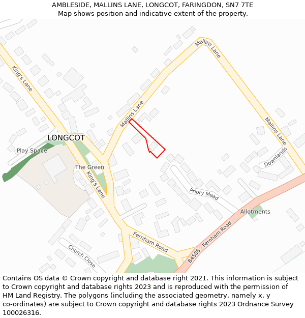 AMBLESIDE, MALLINS LANE, LONGCOT, FARINGDON, SN7 7TE: Location map and indicative extent of plot