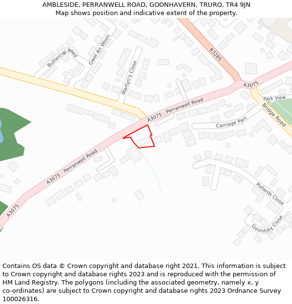 AMBLESIDE, PERRANWELL ROAD, GOONHAVERN, TRURO, TR4 9JN: Location map and indicative extent of plot