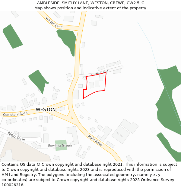 AMBLESIDE, SMITHY LANE, WESTON, CREWE, CW2 5LG: Location map and indicative extent of plot