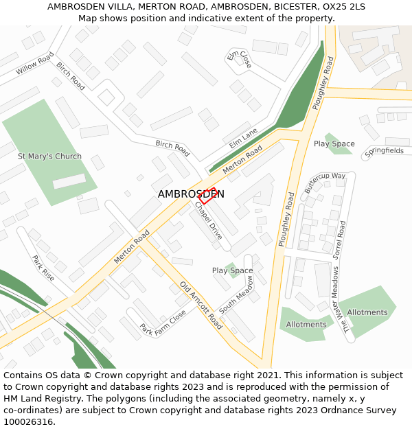 AMBROSDEN VILLA, MERTON ROAD, AMBROSDEN, BICESTER, OX25 2LS: Location map and indicative extent of plot