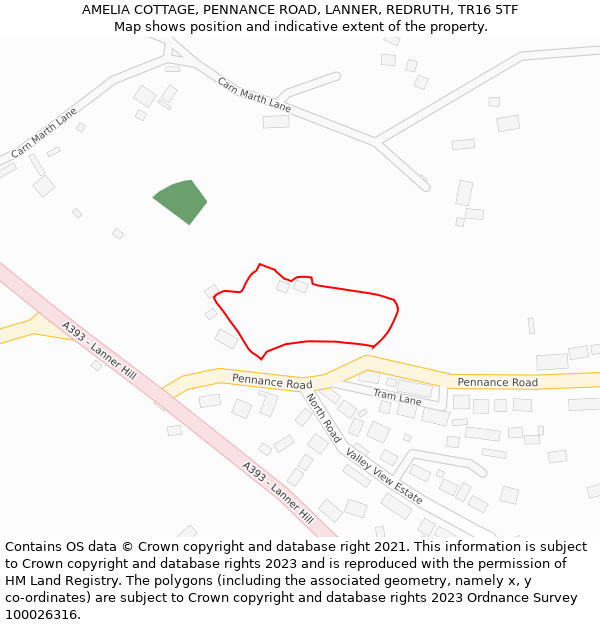 AMELIA COTTAGE, PENNANCE ROAD, LANNER, REDRUTH, TR16 5TF: Location map and indicative extent of plot