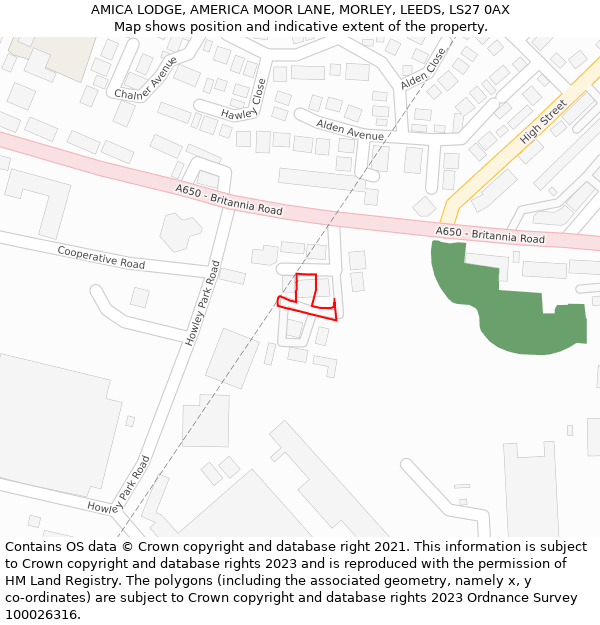 AMICA LODGE, AMERICA MOOR LANE, MORLEY, LEEDS, LS27 0AX: Location map and indicative extent of plot