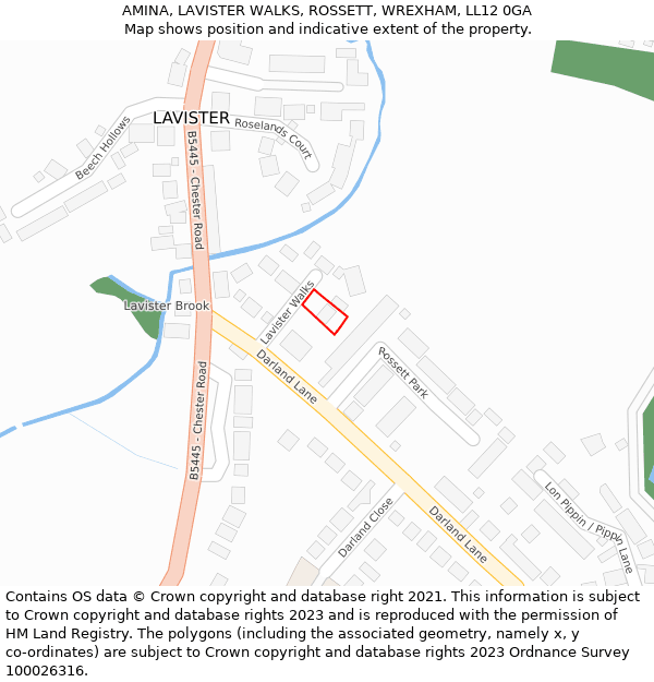 AMINA, LAVISTER WALKS, ROSSETT, WREXHAM, LL12 0GA: Location map and indicative extent of plot