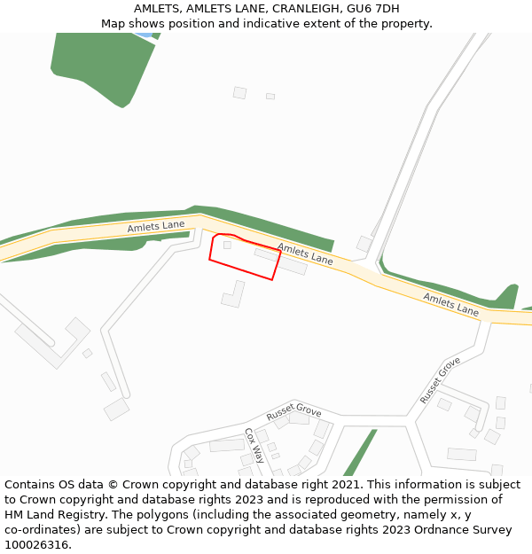 AMLETS, AMLETS LANE, CRANLEIGH, GU6 7DH: Location map and indicative extent of plot