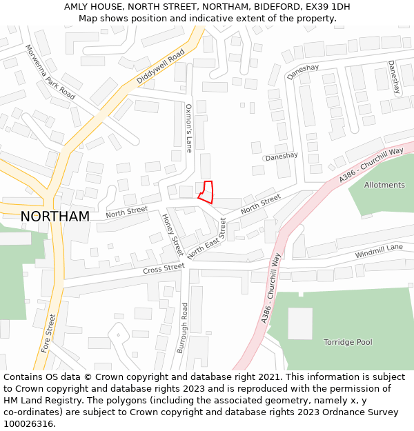 AMLY HOUSE, NORTH STREET, NORTHAM, BIDEFORD, EX39 1DH: Location map and indicative extent of plot