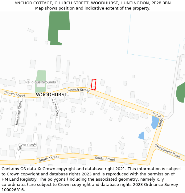 ANCHOR COTTAGE, CHURCH STREET, WOODHURST, HUNTINGDON, PE28 3BN: Location map and indicative extent of plot