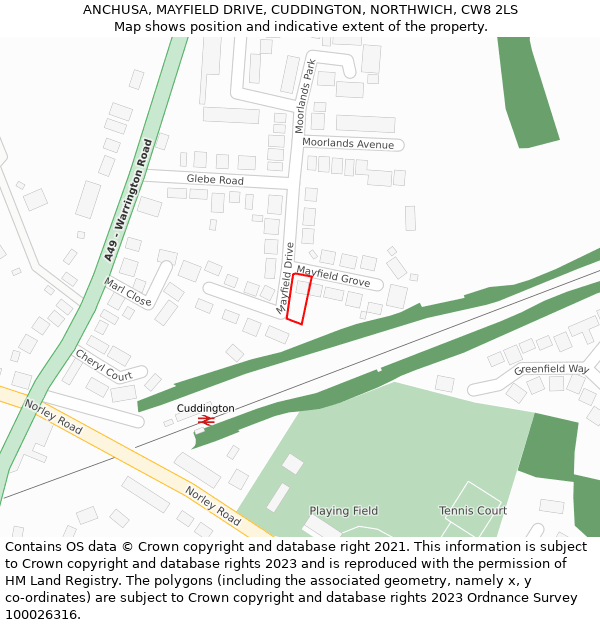 ANCHUSA, MAYFIELD DRIVE, CUDDINGTON, NORTHWICH, CW8 2LS: Location map and indicative extent of plot