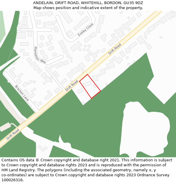 ANDELAIN, DRIFT ROAD, WHITEHILL, BORDON, GU35 9DZ: Location map and indicative extent of plot
