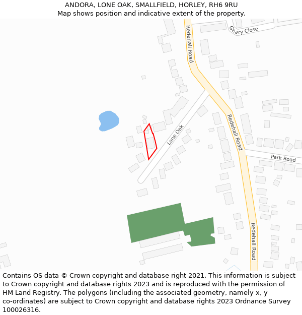 ANDORA, LONE OAK, SMALLFIELD, HORLEY, RH6 9RU: Location map and indicative extent of plot