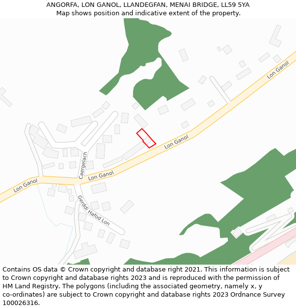 ANGORFA, LON GANOL, LLANDEGFAN, MENAI BRIDGE, LL59 5YA: Location map and indicative extent of plot