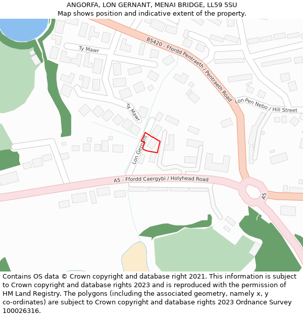 ANGORFA, LON GERNANT, MENAI BRIDGE, LL59 5SU: Location map and indicative extent of plot
