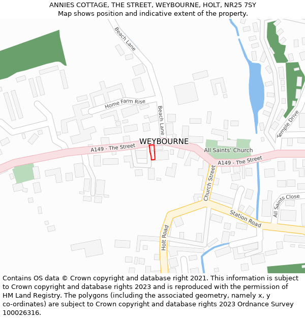 ANNIES COTTAGE, THE STREET, WEYBOURNE, HOLT, NR25 7SY: Location map and indicative extent of plot