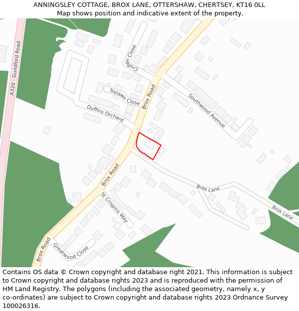 ANNINGSLEY COTTAGE, BROX LANE, OTTERSHAW, CHERTSEY, KT16 0LL: Location map and indicative extent of plot