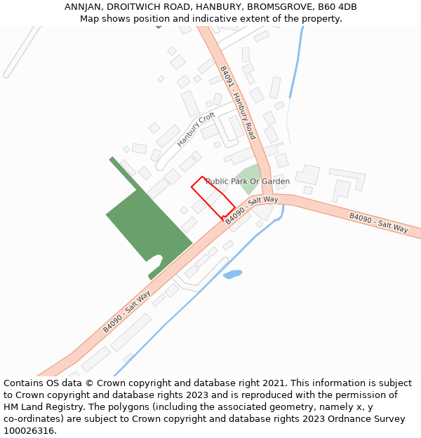 ANNJAN, DROITWICH ROAD, HANBURY, BROMSGROVE, B60 4DB: Location map and indicative extent of plot