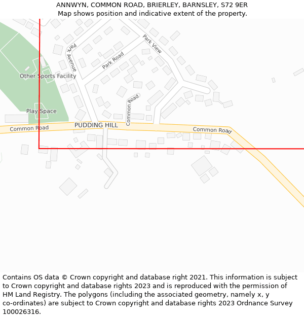 ANNWYN, COMMON ROAD, BRIERLEY, BARNSLEY, S72 9ER: Location map and indicative extent of plot