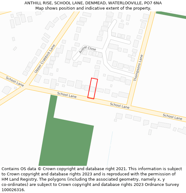 ANTHILL RISE, SCHOOL LANE, DENMEAD, WATERLOOVILLE, PO7 6NA: Location map and indicative extent of plot