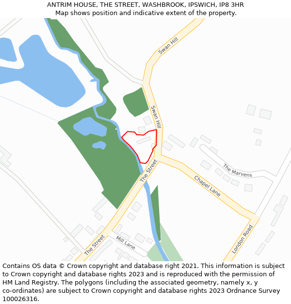 ANTRIM HOUSE, THE STREET, WASHBROOK, IPSWICH, IP8 3HR: Location map and indicative extent of plot