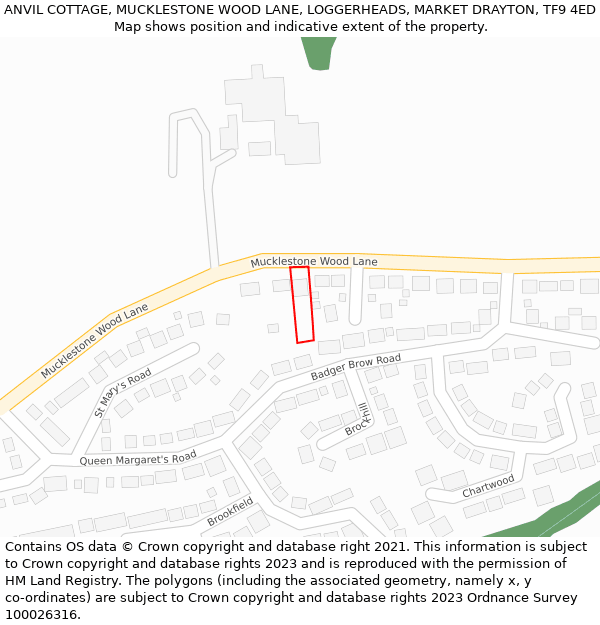 ANVIL COTTAGE, MUCKLESTONE WOOD LANE, LOGGERHEADS, MARKET DRAYTON, TF9 4ED: Location map and indicative extent of plot