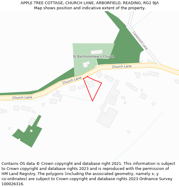 APPLE TREE COTTAGE, CHURCH LANE, ARBORFIELD, READING, RG2 9JA: Location map and indicative extent of plot