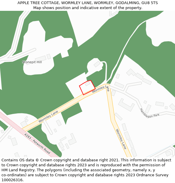APPLE TREE COTTAGE, WORMLEY LANE, WORMLEY, GODALMING, GU8 5TS: Location map and indicative extent of plot
