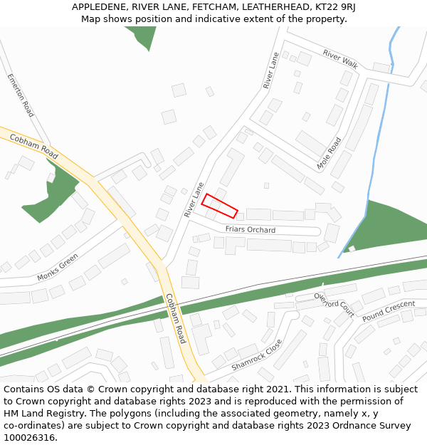 APPLEDENE, RIVER LANE, FETCHAM, LEATHERHEAD, KT22 9RJ: Location map and indicative extent of plot