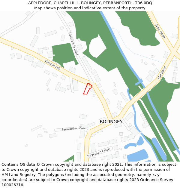 APPLEDORE, CHAPEL HILL, BOLINGEY, PERRANPORTH, TR6 0DQ: Location map and indicative extent of plot