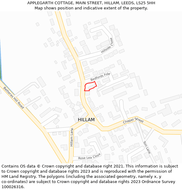 APPLEGARTH COTTAGE, MAIN STREET, HILLAM, LEEDS, LS25 5HH: Location map and indicative extent of plot