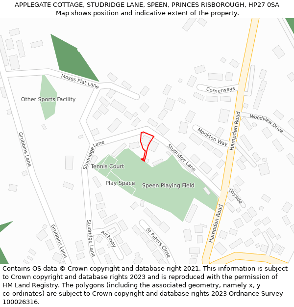 APPLEGATE COTTAGE, STUDRIDGE LANE, SPEEN, PRINCES RISBOROUGH, HP27 0SA: Location map and indicative extent of plot