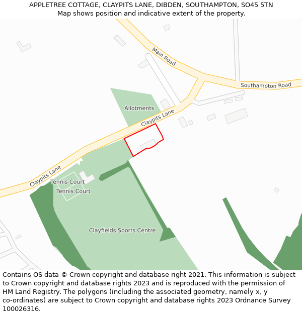 APPLETREE COTTAGE, CLAYPITS LANE, DIBDEN, SOUTHAMPTON, SO45 5TN: Location map and indicative extent of plot