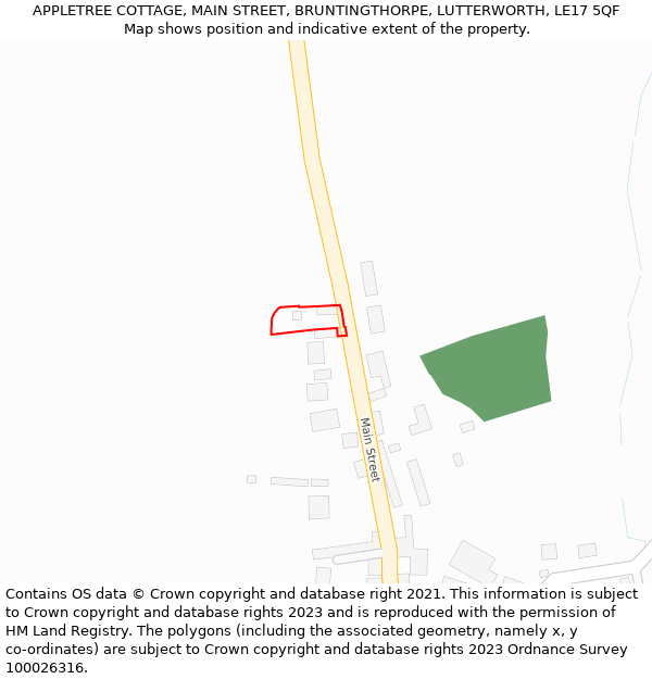 APPLETREE COTTAGE, MAIN STREET, BRUNTINGTHORPE, LUTTERWORTH, LE17 5QF: Location map and indicative extent of plot