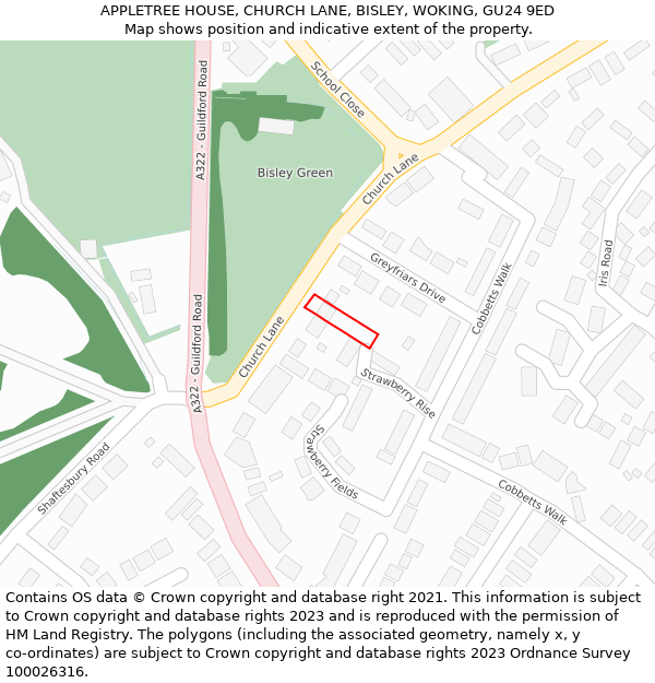 APPLETREE HOUSE, CHURCH LANE, BISLEY, WOKING, GU24 9ED: Location map and indicative extent of plot