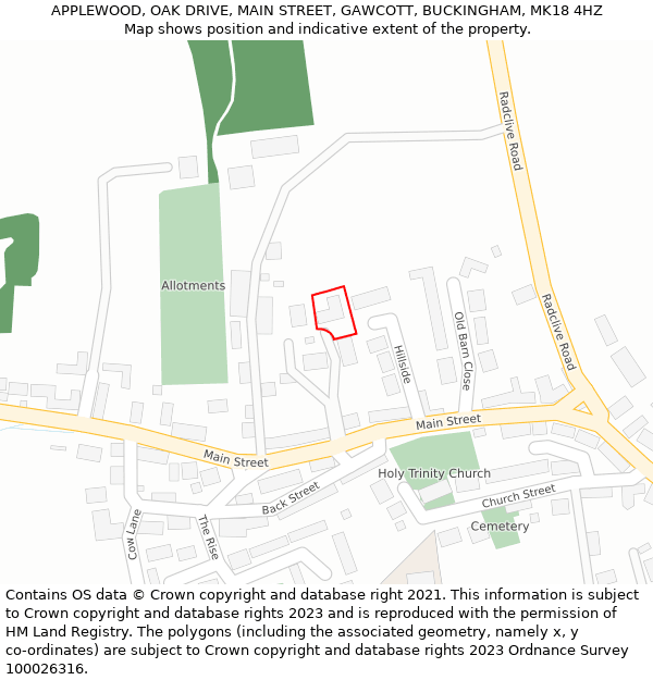 APPLEWOOD, OAK DRIVE, MAIN STREET, GAWCOTT, BUCKINGHAM, MK18 4HZ: Location map and indicative extent of plot