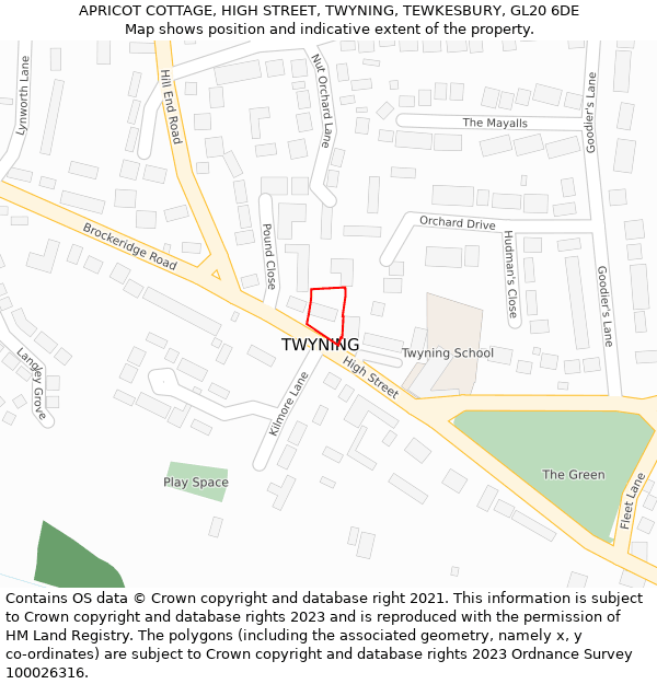 APRICOT COTTAGE, HIGH STREET, TWYNING, TEWKESBURY, GL20 6DE: Location map and indicative extent of plot