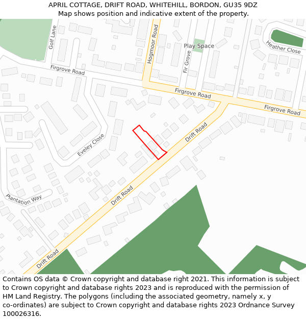 APRIL COTTAGE, DRIFT ROAD, WHITEHILL, BORDON, GU35 9DZ: Location map and indicative extent of plot