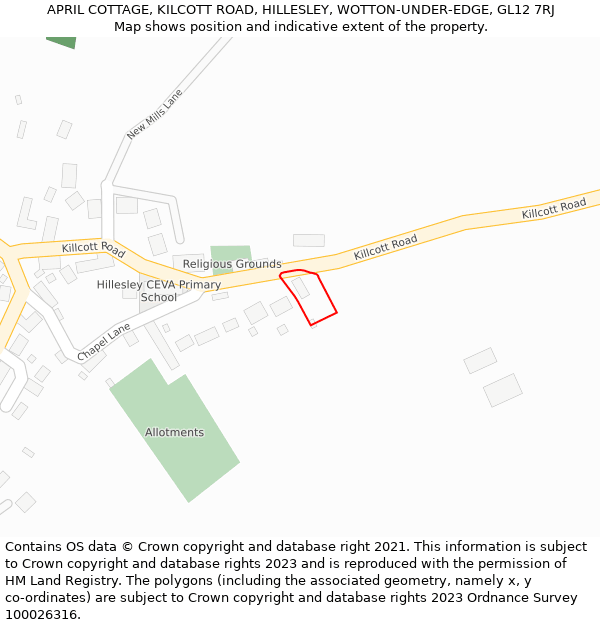 APRIL COTTAGE, KILCOTT ROAD, HILLESLEY, WOTTON-UNDER-EDGE, GL12 7RJ: Location map and indicative extent of plot