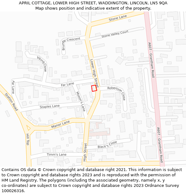 APRIL COTTAGE, LOWER HIGH STREET, WADDINGTON, LINCOLN, LN5 9QA: Location map and indicative extent of plot