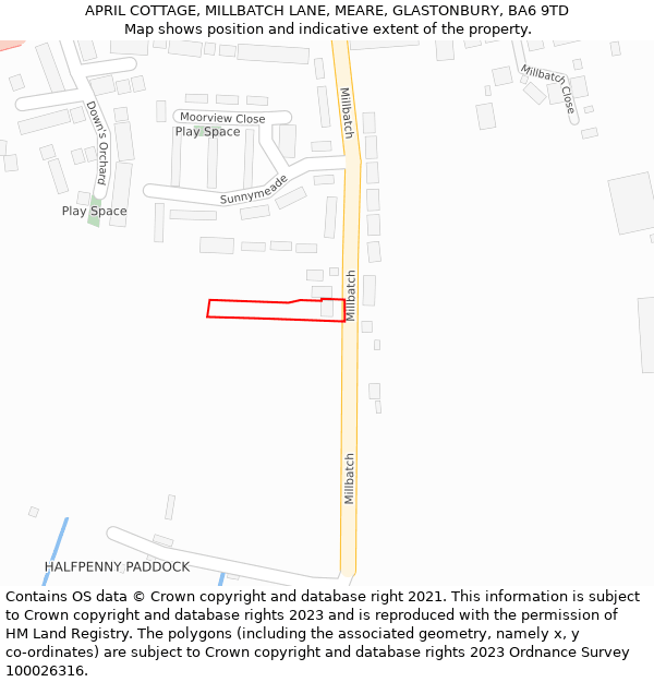 APRIL COTTAGE, MILLBATCH LANE, MEARE, GLASTONBURY, BA6 9TD: Location map and indicative extent of plot